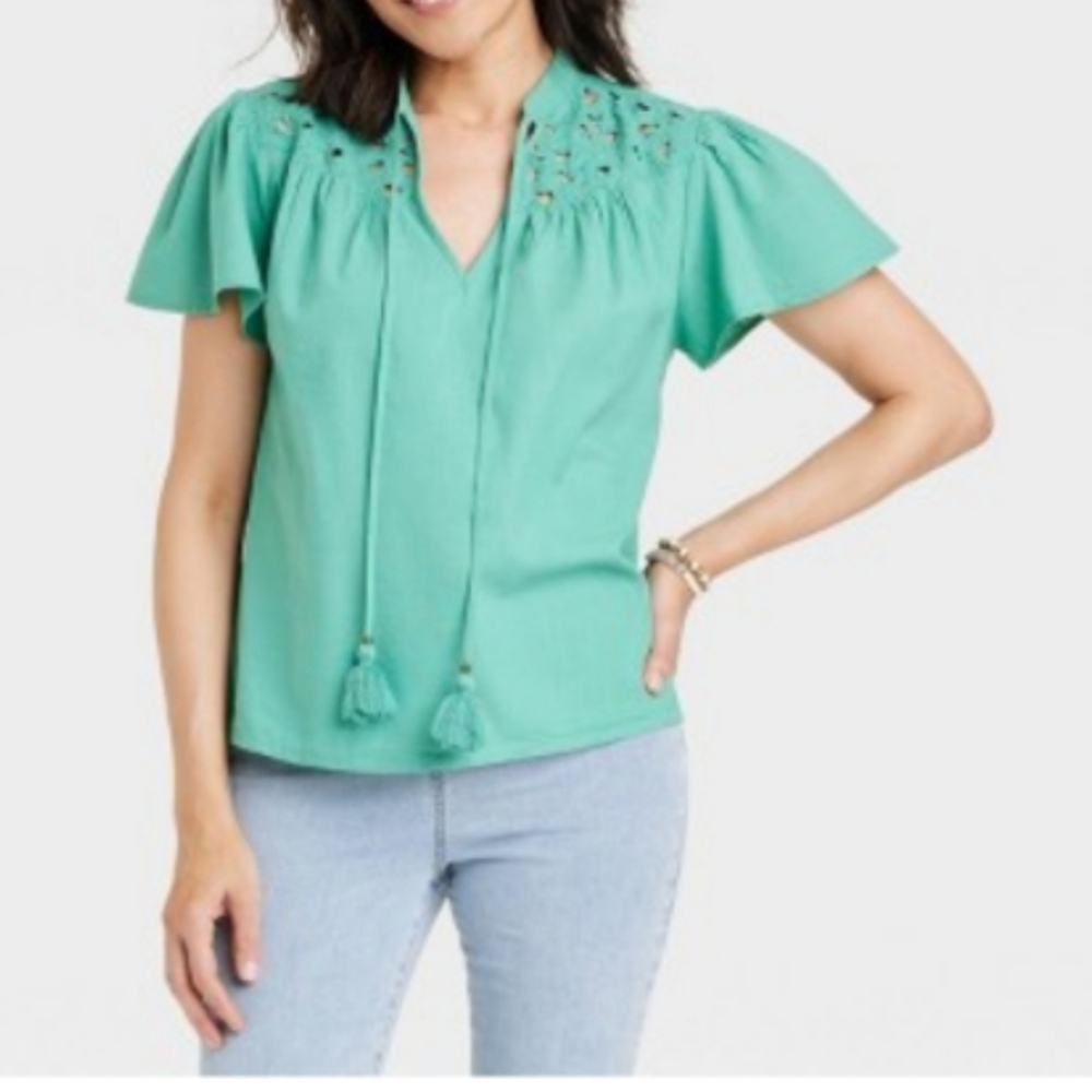 Knox Rose Short Sleeve V-Neck Woven Eyelet Top, Sz 3X NWT